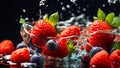 Fresh strawberries, blueberries water drops a dark background advertising