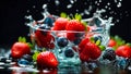 Fresh strawberries, blueberries water drops a dark background
