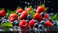 Fresh strawberries, blueberries water drops a dark mix advertising