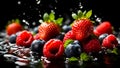 Fresh strawberries, blueberries water drops a dark mix advertising wet natural design
