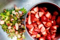 Fresh strawberries cleaned and cut into pieces Royalty Free Stock Photo