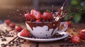 Fresh strawberries and coffee beans in chocolate burst Royalty Free Stock Photo