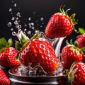 Fresh strawberries, commercial food photography with dynamic liquid splash burst