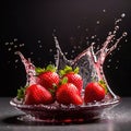 Fresh strawberries, commercial food photography with dynamic liquid splash burst