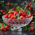 Fresh strawberries in a crystal bowl with leaves, AI generated Royalty Free Stock Photo