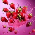 fresh strawberries falling, flying with water splashes on pink background, close up