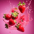 fresh strawberries falling, flying with water splashes on pink background, close up