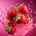 fresh strawberries falling, flying with water splashes on pink background, close up