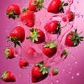 fresh strawberries falling, flying with water splashes on pink background, close up