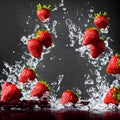 Fresh strawberries falling into splashing liquid. Generative AI.