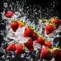 Fresh strawberries falling into splashing liquid. Generative AI.