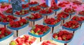 Fresh strawberries farmer market in France, Europe. Italian strawberry. Street French market at Nice. Royalty Free Stock Photo