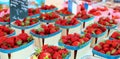 Fresh strawberries farmer market in France, Europe. Italian strawberry. Street French market at Nice. Royalty Free Stock Photo