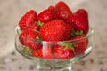 Fresh strawberries in glass bowl. Ripe strawberry closeup. Sweet summer harvest. Juicy dessert. Healthy food. Red berries in vase. Royalty Free Stock Photo