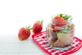 Fresh strawberries in glass jar on white wood background with se Royalty Free Stock Photo