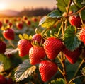 Fresh strawberries growing on plants in a farm