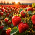 Fresh strawberries growing on plants in a farm