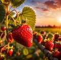 Fresh strawberries growing on plants in a farm