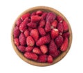 Fresh strawberries lay on white background. Top view. Wildberries on a wooden bowl. Ripe wild strawberry isolated on a white backg Royalty Free Stock Photo