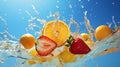 Strawberries, Lemons, and Oranges Splashing Into the Water. Generative AI. Royalty Free Stock Photo