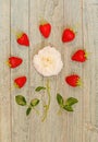 Fresh strawberries lined around a white rose