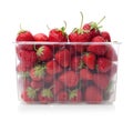 Fresh strawberries in plastic box on white.