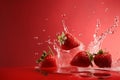 fresh strawberries on red background splashing in water generative AI Royalty Free Stock Photo