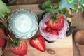 Fresh strawberries red and yogurt at delicious. Royalty Free Stock Photo