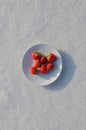 Fresh strawberries in a saucer on a white background of snow