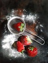 Fresh strawberries in a small metal sieve. with powdered icing sugar on a dark background. Royalty Free Stock Photo