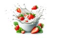 Fresh strawberries splashing into a bowl of milk, creating an enticing and dynamic visual effect Royalty Free Stock Photo
