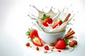Fresh strawberries splashing into a bowl of milk, creating an enticing and dynamic visual effect Royalty Free Stock Photo