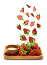 Fresh strawberries springing up from a wooden plate isolated on white background,Object have clipping path.