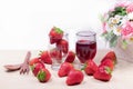 Fresh strawberries and strawberry jam in the glass jar and stra Royalty Free Stock Photo