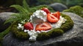 Delicious Strawberry Dessert with Whipped Cream on Mossy Rock in Lush Green Garden Royalty Free Stock Photo