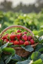 Fresh strawberries in a wicker basket in the garden Royalty Free Stock Photo