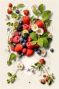 Fresh strawberries, wild strawberries, raspberries, blackberries and blueberries decorative with leaves and flowers on paper backg Royalty Free Stock Photo