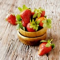 Fresh strawberries in a wooden bowl, selective focus Royalty Free Stock Photo