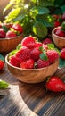 Fresh strawberries in wooden bowls on a wooden table Royalty Free Stock Photo