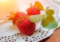 Fresh strawberries wooden table. Light food background. Royalty Free Stock Photo