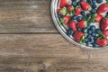 Fresh strawberry and blueberry mix on a metal dish (tray) over a Royalty Free Stock Photo