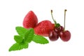 Fresh strawberry, cherry and mint isolated on white Royalty Free Stock Photo