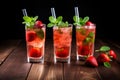 Fresh strawberry cocktail. Fresh summer cocktail with strawberry and ice cubes. Glass of strawberry soda drink on dark background Royalty Free Stock Photo