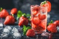 Fresh strawberry cocktail. Fresh summer cocktail with strawberry and ice cubes. Glass of strawberry soda drink on dark background Royalty Free Stock Photo
