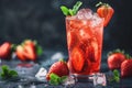 Fresh strawberry cocktail. Fresh summer cocktail with strawberry and ice cubes. Glass of strawberry soda drink on dark background Royalty Free Stock Photo