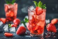 Fresh strawberry cocktail. Fresh summer cocktail with strawberry and ice cubes. Glass of strawberry soda drink on dark background Royalty Free Stock Photo