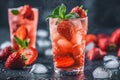 Fresh strawberry cocktail. Fresh summer cocktail with strawberry and ice cubes. Glass of strawberry soda drink on dark background Royalty Free Stock Photo