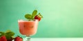 Fresh strawberry cocktail in glass with mint on green background in color lime green. Empty space. Generative Ai content
