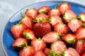 Fresh strawberry cut in half on blue plate. Summer berries Royalty Free Stock Photo