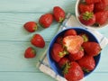 fresh strawberry sweet dish delicious towel on a blue wooden background Royalty Free Stock Photo